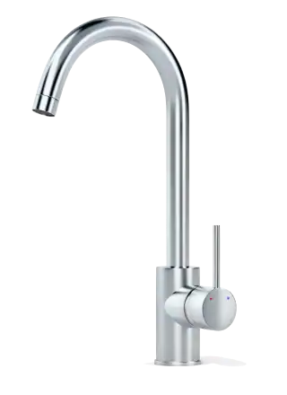 A modern chrome kitchen faucet with a high curved spout and a single lever handle, shown against a plain white background.
