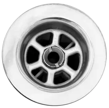 Close-up view of a metal sink drain with a circular grate and hexagonal center, photographed from above on a white background.