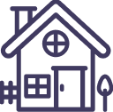 Simple line drawing of a house with a chimney, a round window above the door, a rectangular window, a fence, and a tree.