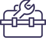 Outlined icon of a toolbox with a wrench placed diagonally across the top, symbolizing tools or maintenance.