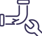 Simple line drawing of a broken pipe with water leaking out and a wrench beside it, representing plumbing repair or maintenance.