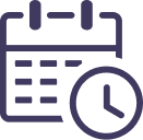Icon of a calendar with a clock in front, both in dark blue lines on a light background, representing scheduling or time management.