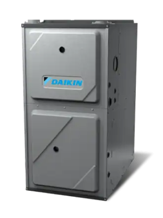Gray Daikin brand furnace unit with two access panels and a blue logo, placed against a plain white background.