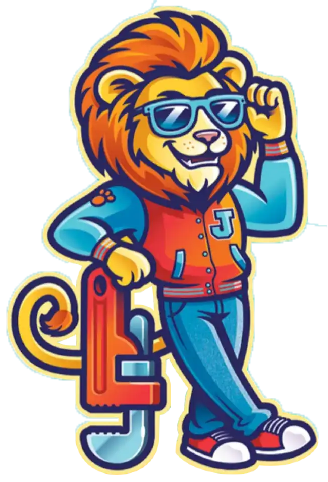 Illustration of a lion wearing sunglasses, a red and blue jacket with "J", blue jeans, sneakers, and leaning on a large red pipe wrench.