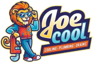 Illustration of a lion wearing sunglasses and a varsity jacket, leaning on a pipe wrench next to the text "Joe Cool Cooling • Plumbing • Drains".